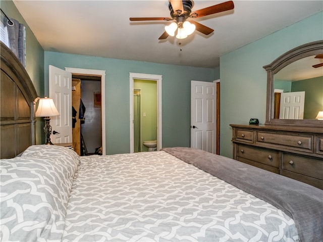 bedroom with ensuite bathroom and ceiling fan