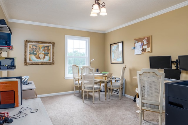 office space with crown molding, an inviting chandelier, and light colored carpet