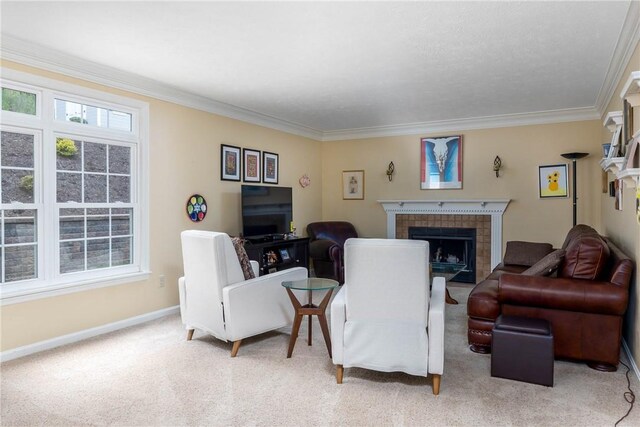 living room with crown molding, a tiled fireplace, and carpet floors