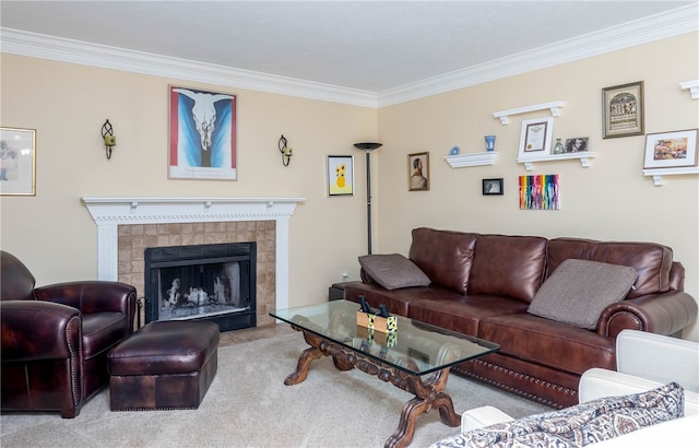 carpeted living room with ornamental molding