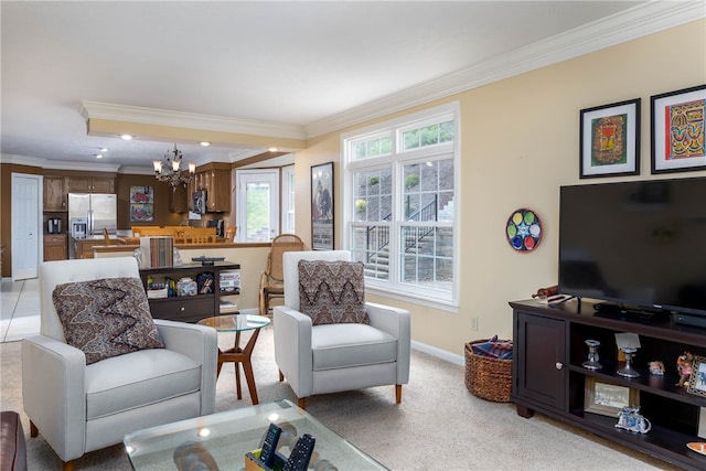 living room featuring a notable chandelier, tile flooring, and crown molding