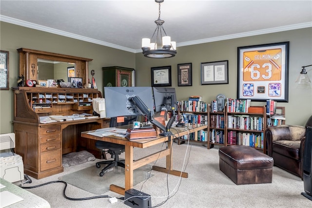 home office with a notable chandelier, ornamental molding, and light colored carpet