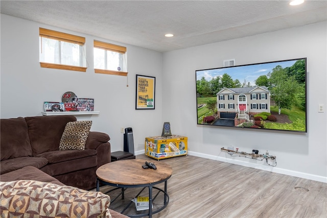 living room featuring hardwood / wood-style floors and a textured ceiling