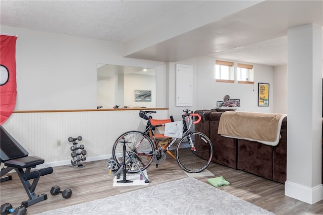 workout area with a textured ceiling and light hardwood / wood-style flooring