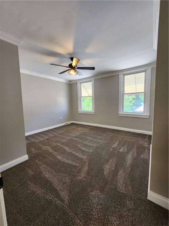 carpeted spare room with ornamental molding, a wealth of natural light, and ceiling fan