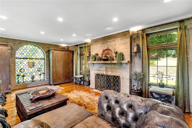 living room with tile walls, ornamental molding, and wood-type flooring