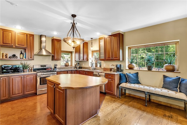 kitchen featuring wall chimney exhaust hood, light hardwood / wood-style floors, stainless steel appliances, and a wealth of natural light