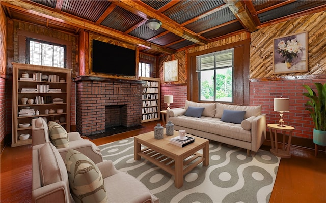 living room with a brick fireplace, coffered ceiling, wood-type flooring, wooden walls, and beamed ceiling