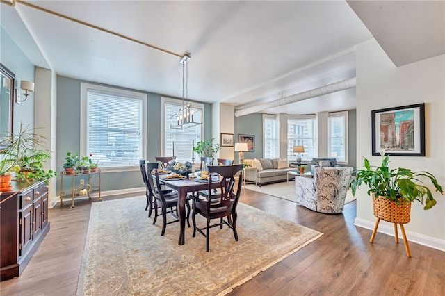 dining area with a notable chandelier and hardwood / wood-style flooring