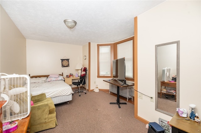 carpeted bedroom with a textured ceiling