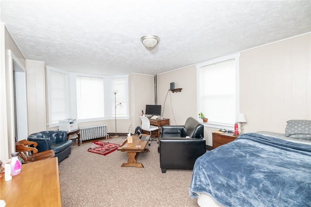 carpeted bedroom with a textured ceiling and radiator heating unit