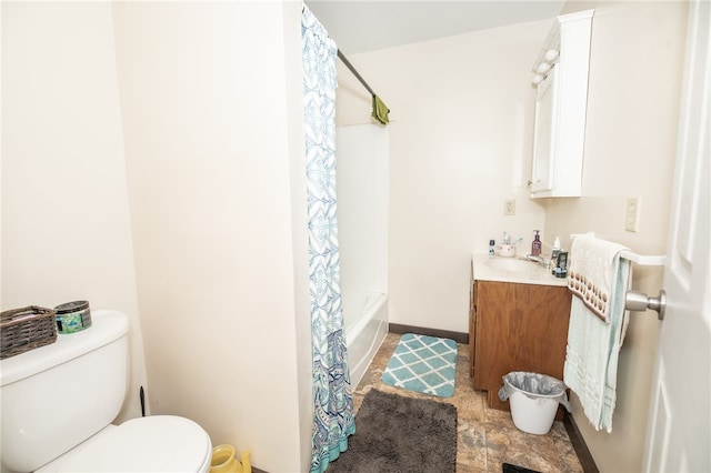 full bathroom featuring shower / bathtub combination with curtain, tile flooring, vanity, and toilet