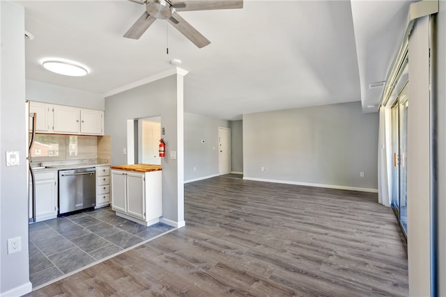 kitchen featuring white cabinetry, dishwasher, dark hardwood / wood-style flooring, and ceiling fan