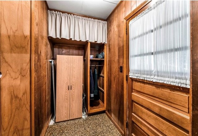 interior space featuring wood walls and carpet flooring