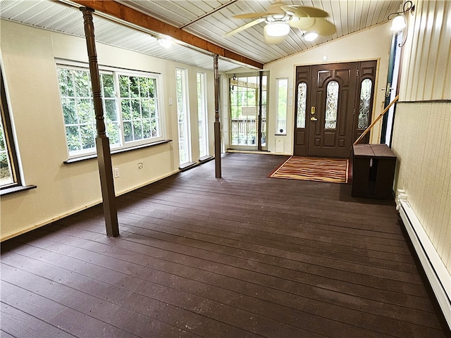 foyer entrance with dark hardwood / wood-style flooring, a baseboard radiator, and ceiling fan