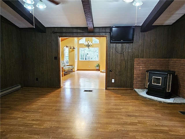 unfurnished living room with wood-type flooring, a wood stove, beam ceiling, and wood walls