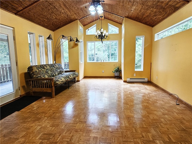 unfurnished room featuring ceiling fan with notable chandelier, parquet flooring, wooden ceiling, high vaulted ceiling, and baseboard heating