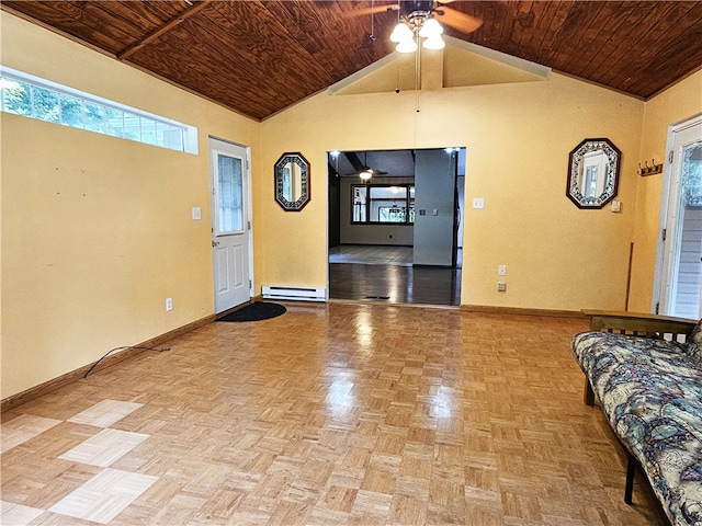 unfurnished living room featuring plenty of natural light, ceiling fan, parquet flooring, and wooden ceiling