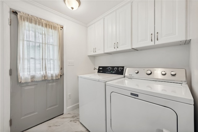 laundry room with cabinets, ornamental molding, light tile flooring, and independent washer and dryer