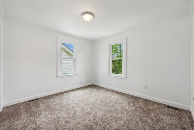 carpeted spare room featuring ornamental molding