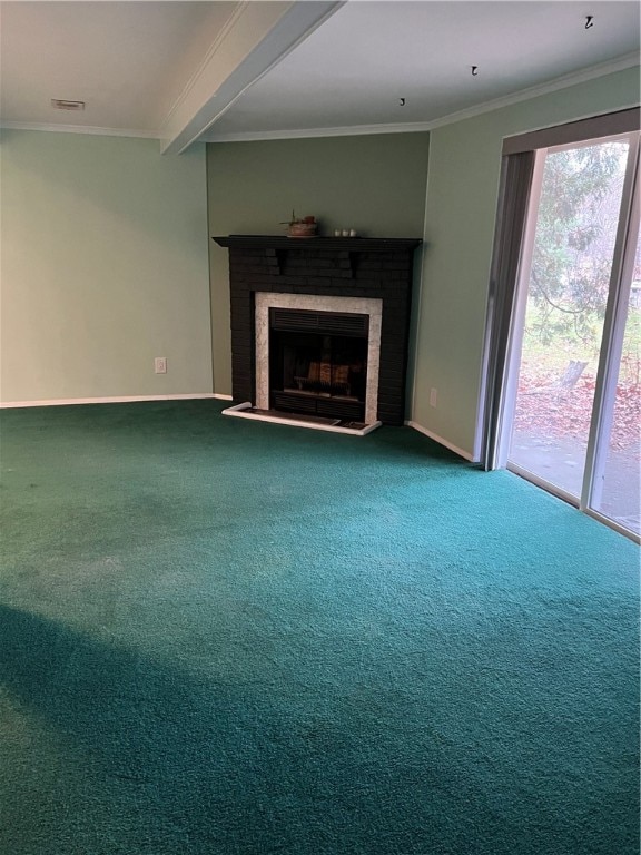 unfurnished living room featuring carpet floors, beamed ceiling, and ornamental molding