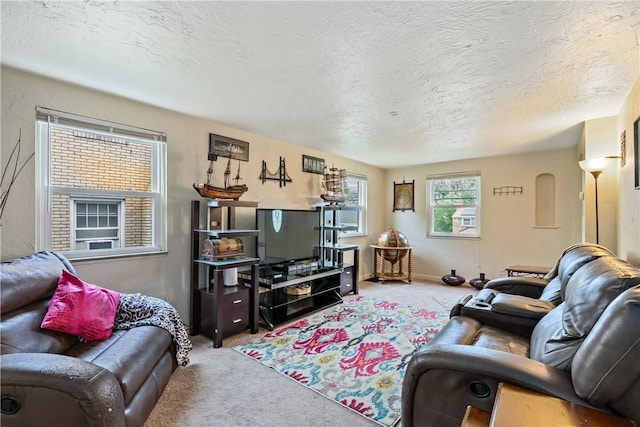 living room featuring a textured ceiling and carpet