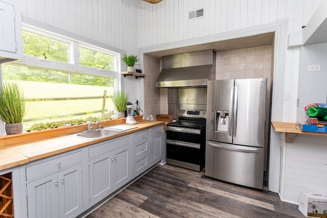 kitchen featuring wall chimney range hood, dark wood-type flooring, wood counters, stainless steel appliances, and sink