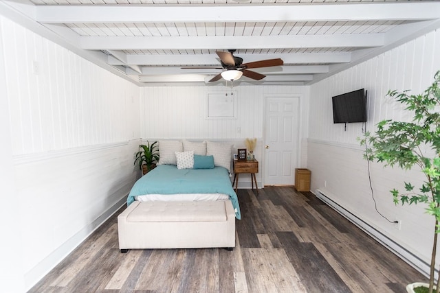 bedroom featuring beamed ceiling, a baseboard radiator, ceiling fan, and dark hardwood / wood-style floors