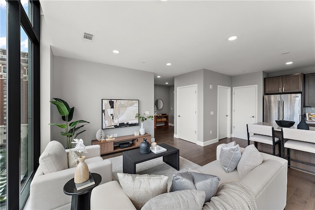 living room with dark wood-type flooring