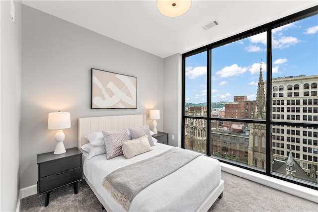 bedroom with carpet flooring and expansive windows