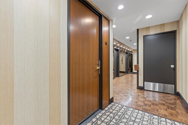 corridor featuring parquet flooring