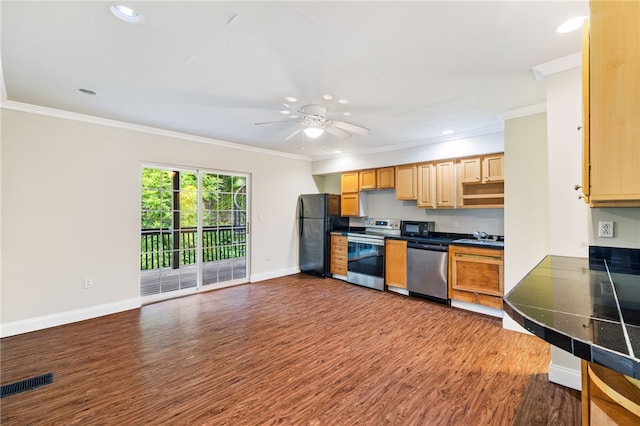 kitchen featuring ceiling fan, crown molding, black appliances, and wood-type flooring