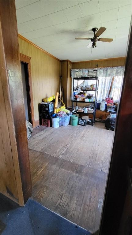 interior space with ceiling fan and wooden walls