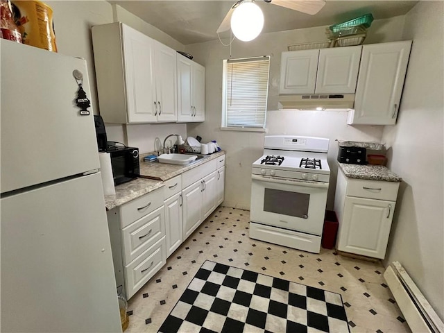 kitchen featuring white appliances, white cabinetry, baseboard heating, and sink