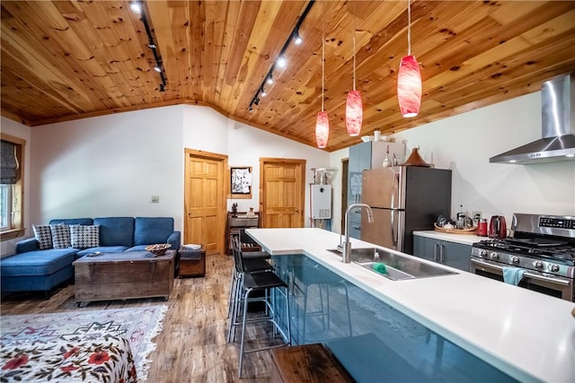 470 Truitt Rd, Pa, PA 16374 - kitchen featuring track lighting, stainless steel appliances, wall chimney exhaust hood, wood finished floors, and vaulted ceiling