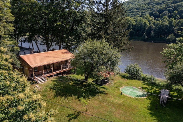 drone / aerial view with a water view