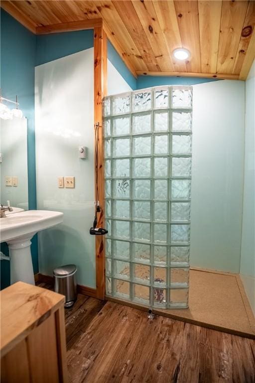 470 Truitt Rd, Pa, PA 16374 - bathroom with wood ceiling, wood finished floors, lofted ceiling, and baseboards