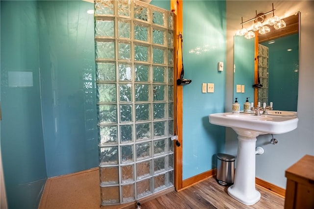 470 Truitt Rd, Pa, PA 16374 - bathroom with wood finished floors, baseboards, and a walk in shower