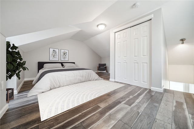 bedroom with lofted ceiling, dark hardwood / wood-style floors, and a closet