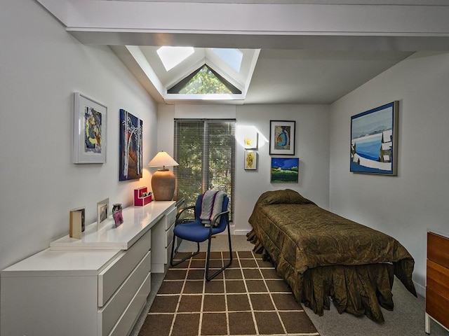 bedroom featuring dark colored carpet and lofted ceiling