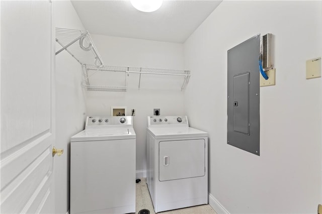 laundry area featuring electric panel and washing machine and dryer