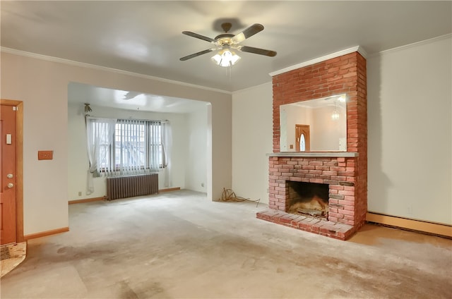 unfurnished living room featuring light carpet, radiator heating unit, ornamental molding, a fireplace, and ceiling fan