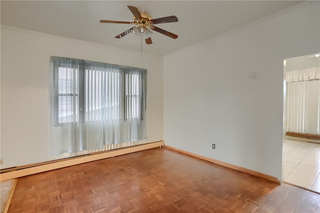 spare room featuring a baseboard radiator, ornamental molding, parquet floors, and ceiling fan