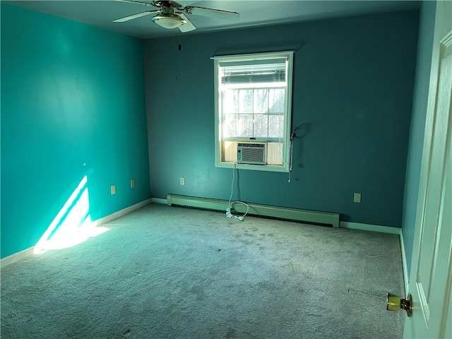 carpeted empty room with baseboard heating, ceiling fan, and cooling unit