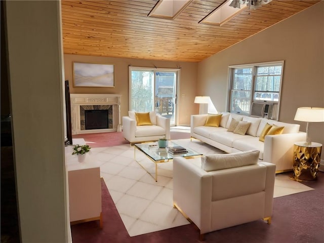 carpeted living room featuring a fireplace, lofted ceiling with skylight, cooling unit, and wood ceiling