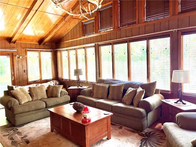 sunroom featuring lofted ceiling with beams and wooden ceiling