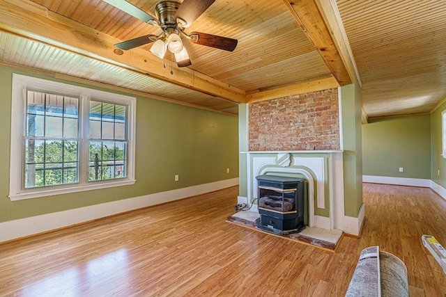 unfurnished living room with a wood stove, wood ceiling, and light hardwood / wood-style floors