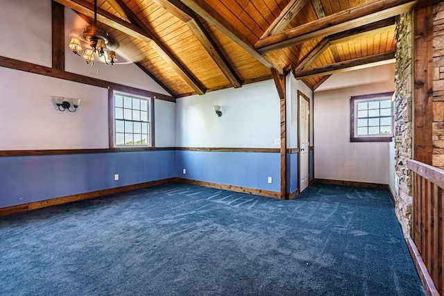 unfurnished room with a wealth of natural light, wooden ceiling, and dark carpet