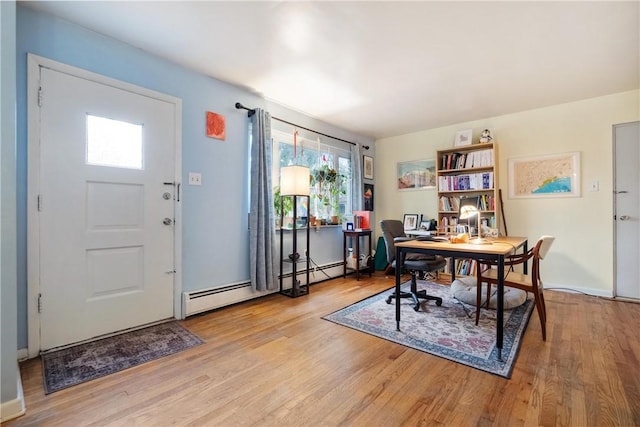 office featuring light hardwood / wood-style floors and a baseboard heating unit