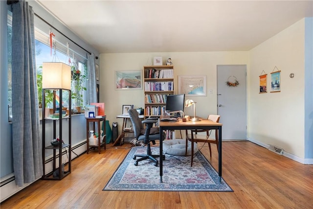 office area featuring hardwood / wood-style floors and baseboard heating